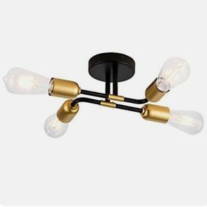 NEW! Industrial 4-Light Semi Flush Mount Ceiling Light Fixture Black and Gold